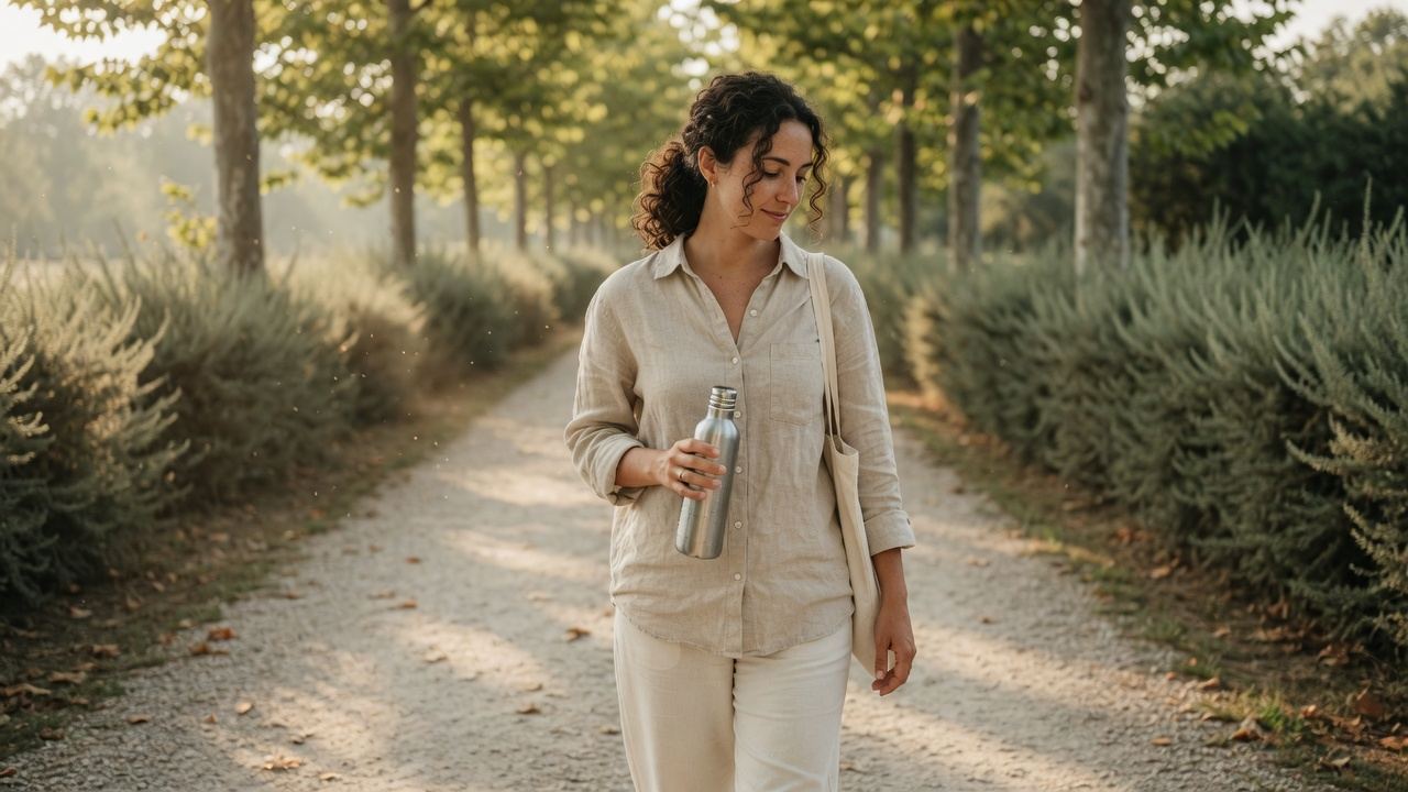 Frau mit Wasserflasche geht morgens auf einem baumbestandenen Weg
