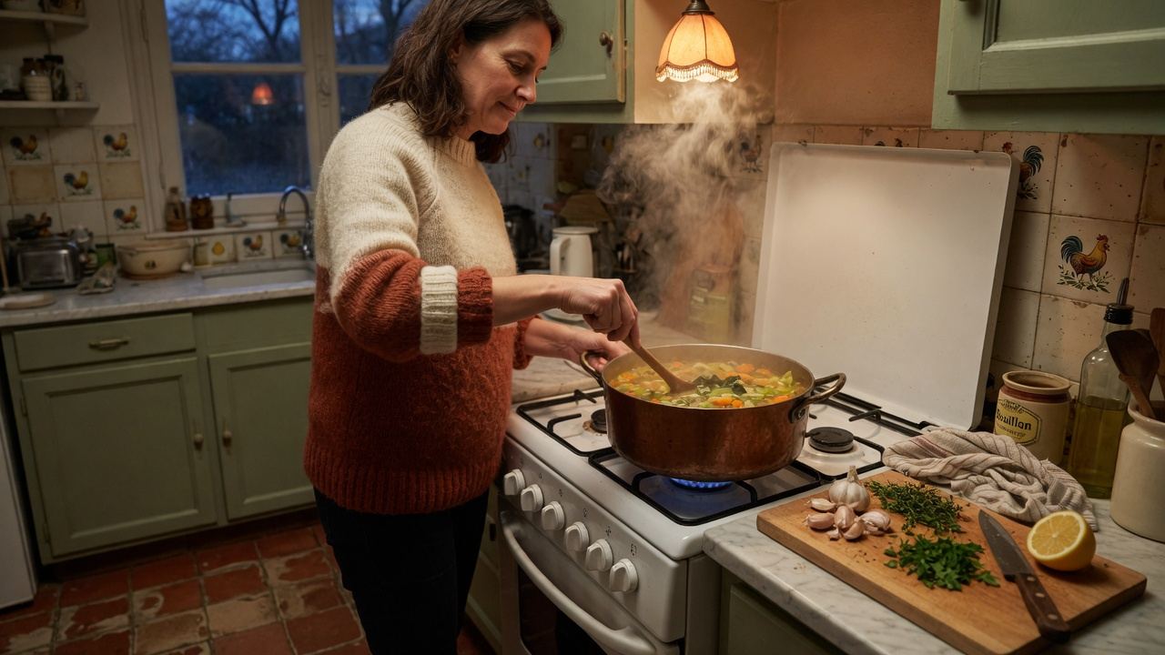 Person in einem gemütlichen Küchenlicht rührt einen Topf Gemüsesuppe, Dampf steigt auf