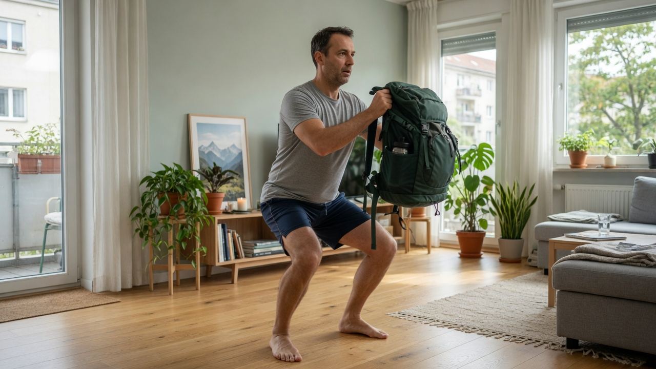 Mann mittleren Alters macht in einem hellen Wohnzimmer eine Kniebeuge mit einem Rucksack