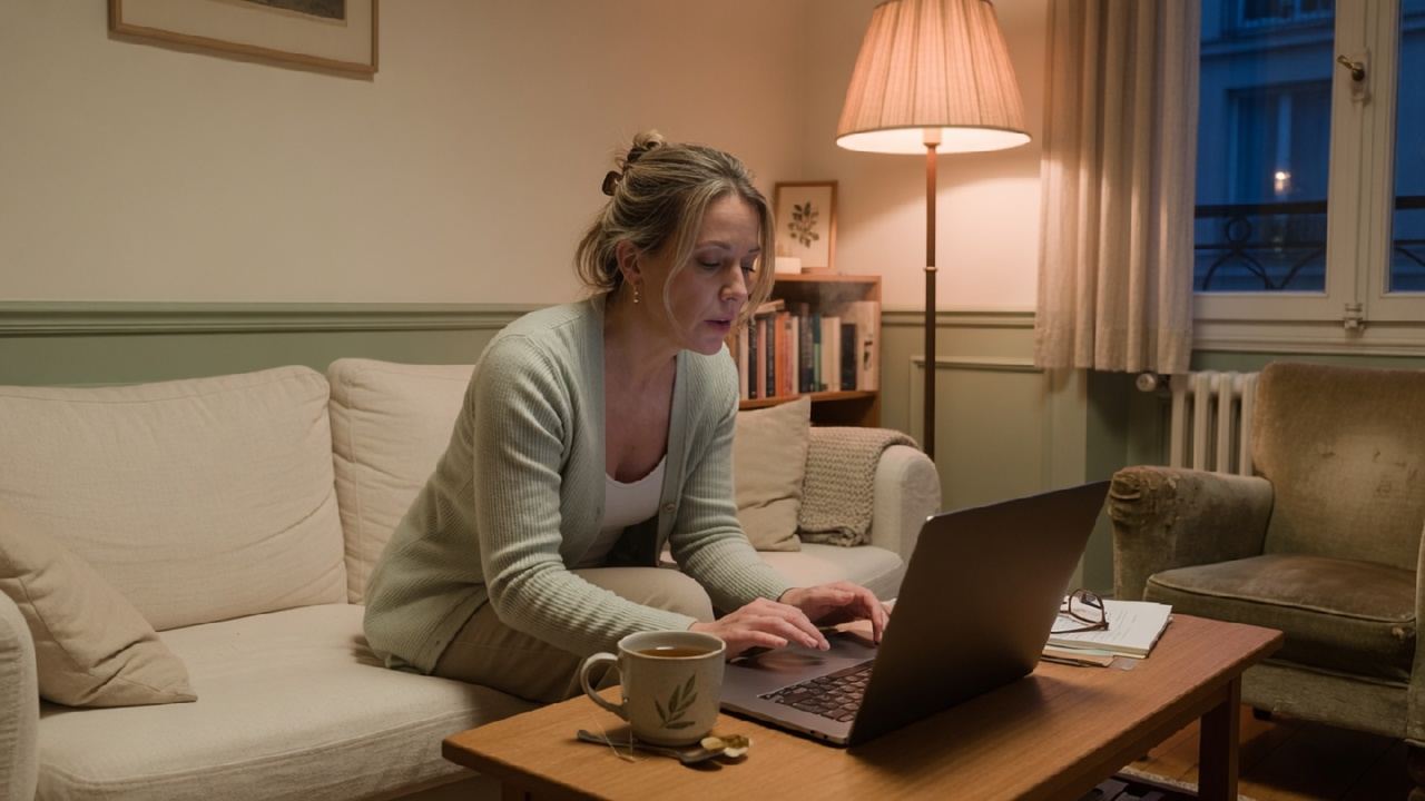 Person in einem abendlich beleuchteten Wohnzimmer schließt ein Laptop, daneben eine Tasse Tee