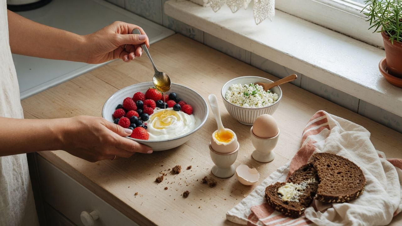 Joghurt mit Beeren, Honig, weiche Eier und dunkles Brot auf einer hellen Küchenzeile am Morgen