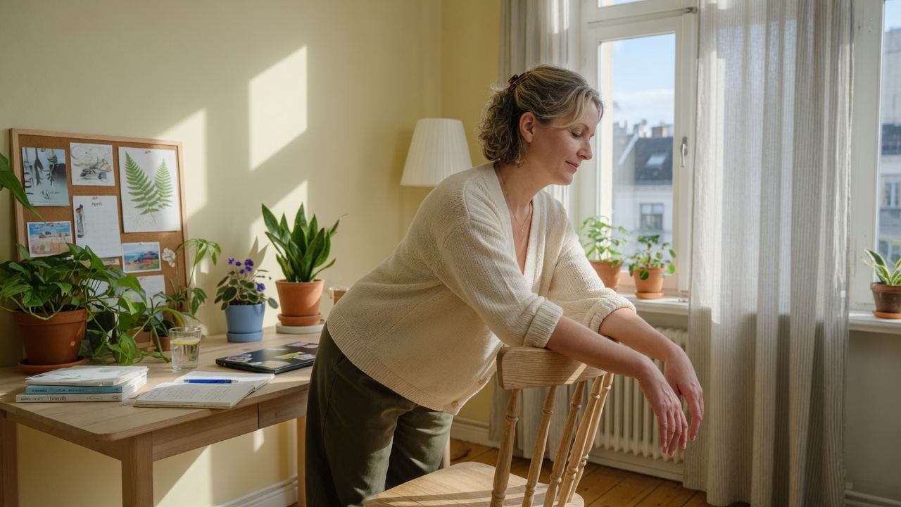 Frau lehnt sich in einem hellen Homeoffice entspannt über eine Stuhllehne und streckt den oberen Rücken