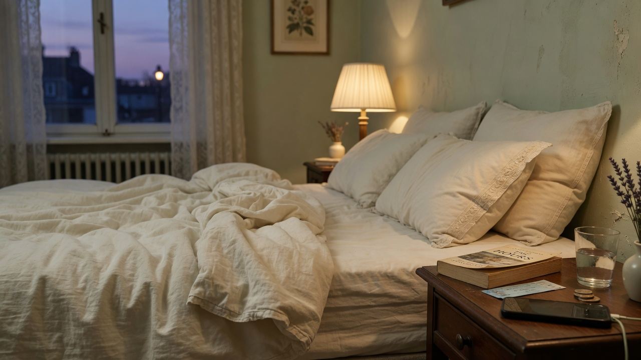 Ruhiges Schlafzimmer in der Dämmerung mit Leinenbett, warmer Lampe und einem Buch auf dem Nachttisch