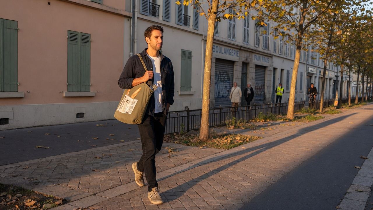 Mann mit Tasche geht zügig auf einem sonnigen Gehweg vor hellen StadtFassaden
