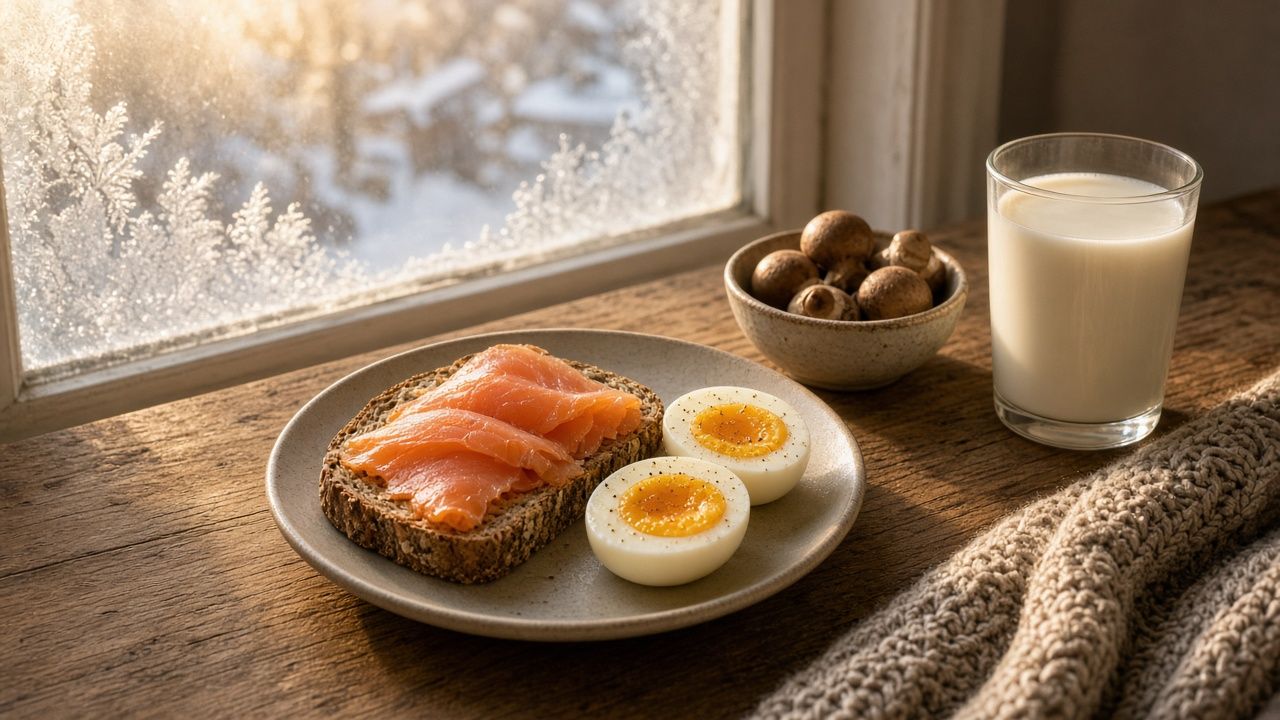 Winterfrühstück am vereisten Fenster: Vollkornbrot mit Räucherlachs, zwei halbierte Eier, eine Schale Champignons und ein Glas Milch im tiefen Wintersonnenlicht