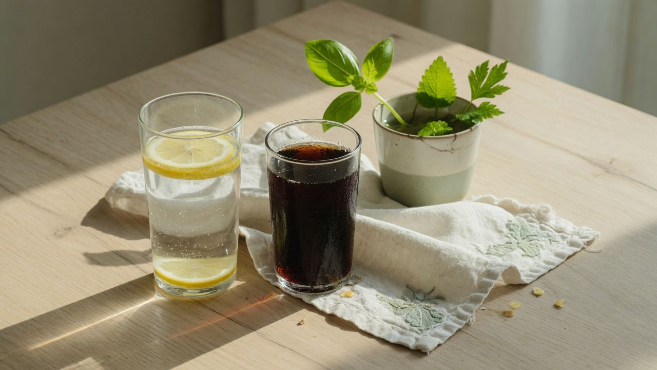 Ein Glas Wasser mit Zitrone neben einem Glas Cola auf einem hellen Holztisch im Morgenlicht